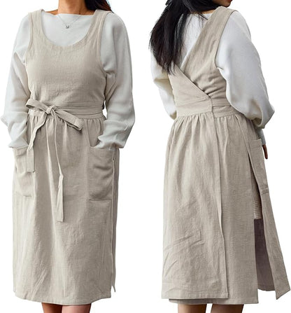 HANEE Linen Cross Back Apron for Women with Pockets - Japanese, Korean Style No Tie Pinafore Smock for Kitchen Cooking Garden