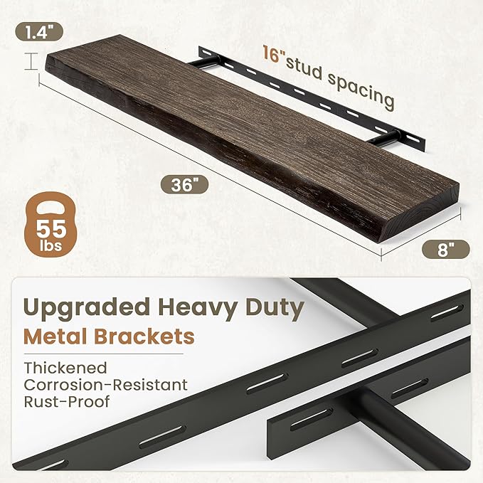 Fun Memories Floating Shelves for Wall Decor Set of 2-36 Inch Solid Elm Wood Live Edge - Rustic Walnut Wall Shelves with Invisible Brackets - for Living Room, Bedroom, Kitchen - Walnut Finish
