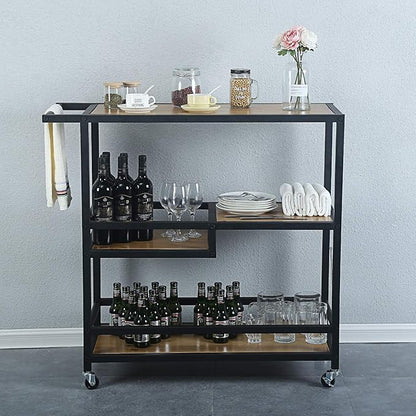 MBQQ Bar and Serving Cart Industrial & Modern Rustic Rolling Bar and Serving Cart,3-Tiered Wood & Metal Kitchen Bar Cart Island with Wheels,Move Storage Coffee/Wine Island Shelf,Black