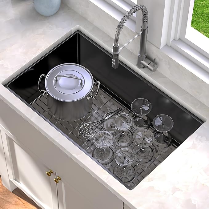 YITAHOME Black Kitchen Undermount Sink 32in Single Bowl 16 Gauge Stainless Steel Nano Gunmetal Black Sink with Accessories for Workstation, Prep Kitchen, Bar 32 x 19 x 10in
