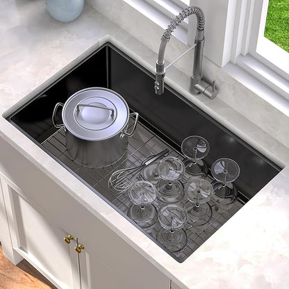 YITAHOME Black Kitchen Undermount Sink 32in Single Bowl 16 Gauge Stainless Steel Nano Gunmetal Black Sink with Accessories for Workstation, Prep Kitchen, Bar 32 x 19 x 10in