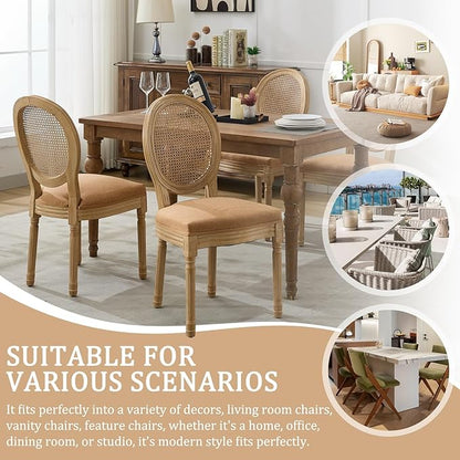 Linen Wooden Dining Chair Set of 6, Upholstered Farmhouse Dining Chair with Solid Wood Frame, Kitchen & Dining Room Chairs for Living Room, Restaurant, Bedroom (Tan-Rattan, Set of 6)