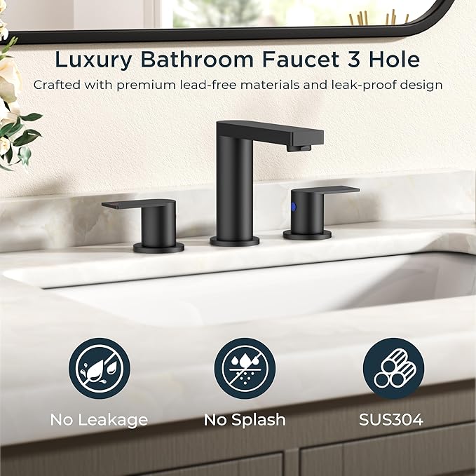 FORIOUS Matte Black Bathroom Faucets 3 Hole, 8 Inch Widespread Bathroom Sink Faucet with Pop-up Drain and Cupc Supply Lines, 2-Handle for Vanity, Hotel Restroom