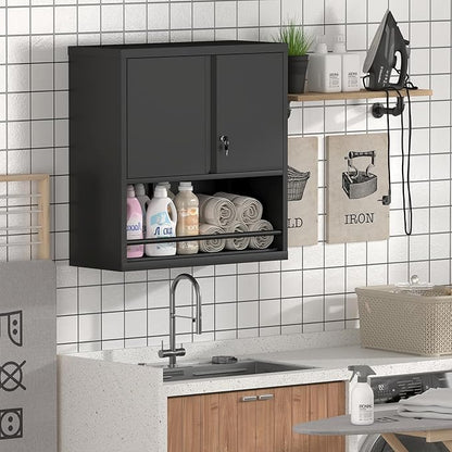 Metal Garage Storage Cabinets, Lockable Black Cabinet, Tool Cabinets Storage Wall Mounted, Hanging Cabinet with Guard Bar for Home Office, Basement