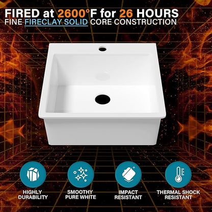 24x22 Drop In Kitchen Sink White 1 Hole, 24 Inch Small Fireclay Bar Sink Drop In Single Bowl, Topmount Heavy Duty Deep Basin, with 2 Accessories, Pure White, for Kitchen, Laundry, Outdoor