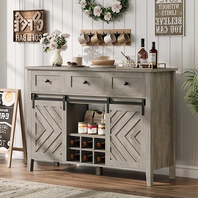 CABIHOME Farmhouse 47.2'' Buffet Cabinet with Sliding Barn Door, 33.4'' Tall Rustic Sideboard with 3 Drawer, Adjustable Shelf and Removable Wine Rack for Dining Room, Kitchen, Living Room, Vintage