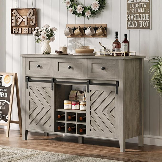 CABIHOME Farmhouse 47.2'' Buffet Cabinet with Sliding Barn Door, 33.4'' Tall Rustic Sideboard with 3 Drawer, Adjustable Shelf and Removable Wine Rack for Dining Room, Kitchen, Living Room, Vintage