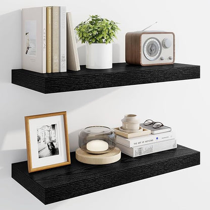 Marsmiles 24" Floating Shelves for Wall, Wooden Shelves with Invisible Brackets Set of 2, Rustic Farmhouse Wall Mounted Shelf for Kitchen Bathroom Living Room Study, Black