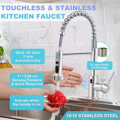 Herogo Touchless Kitchen Faucets with Soap Dispenser, Motion Sensor Activated Commercial Stainless Steel Sink Faucets with Pull Down Sprayer for Vanity RV, Brushed Nickel