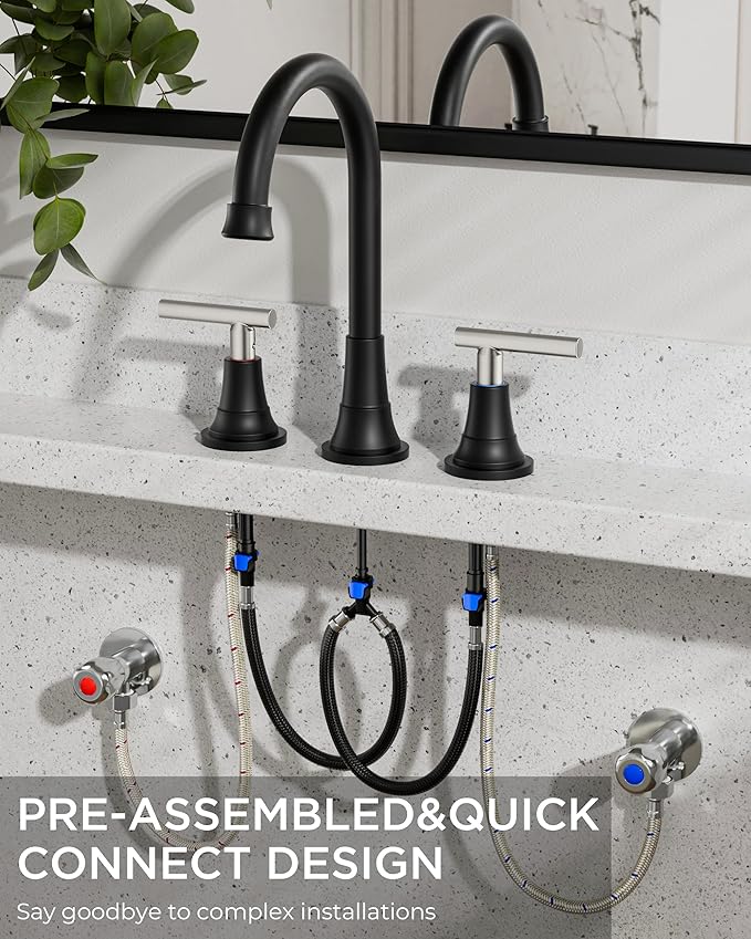 FORIOUS 8" Widespread Brushed Nickel and Black Bathroom Faucet 3 Hole, 2 Handle 360° Swivel Gooseneck 8 Inch Bthroom Sink Faucet 3 Hole Rv with Hot and Cold Water Hose, Farmhouse Restroom Renovation