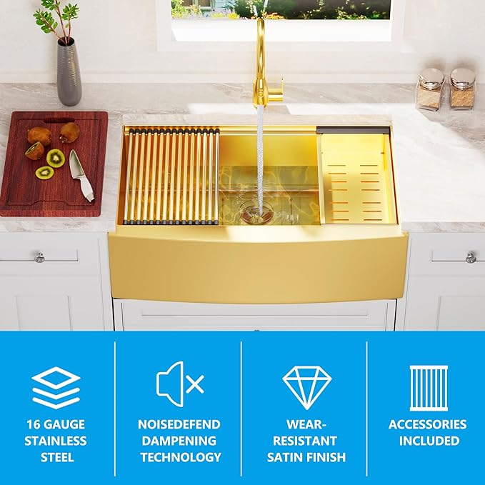 Farmhouse Sink, 33 x 22 Inch Undermount Kitchen Sink 16 Gauge Stainless Steel Kitchen Sinks Apron Front Single Bowl 10 Inch Deep Workstation Sink with Cutting Board