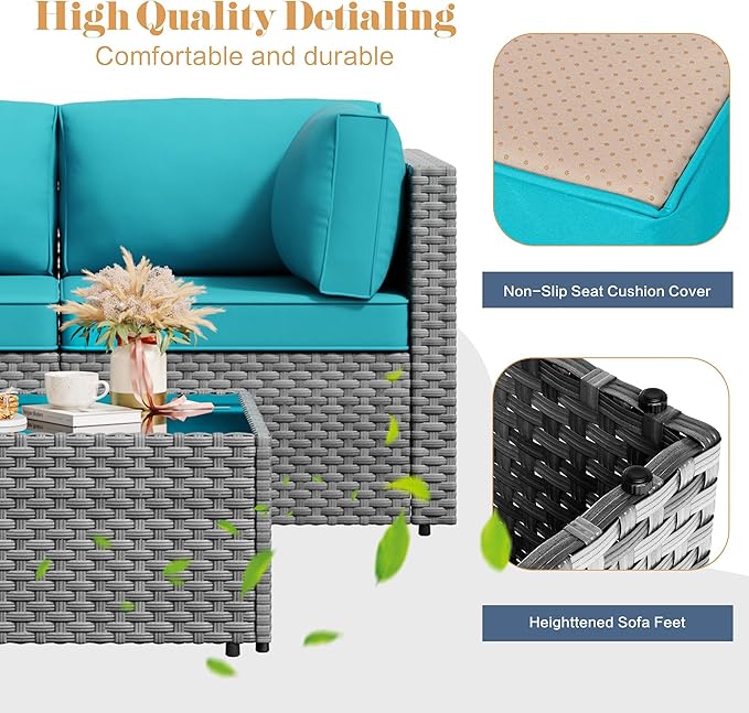 JAMFLY 5-Piece All-Season Wicker Patio Sofa Set with Thick Cushions & Coffee Table, Modular Indoor Outdoor Furniture for Poolside, Garden, Sunroom & Porch, Blue