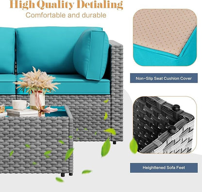 JAMFLY 5-Piece All-Season Wicker Patio Sofa Set with Thick Cushions & Coffee Table, Modular Indoor Outdoor Furniture for Poolside, Garden, Sunroom & Porch, Blue