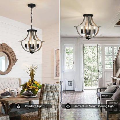 Farmhouse Chandelier, Modern Hanging Pendant Lighting, 4-Light Rustic Flush Mount Ceiling Light Fixture,Faux Wood Vintage Chandelier for Dining Room Kitchen Island Foyer Hallway Entryway Bedroom