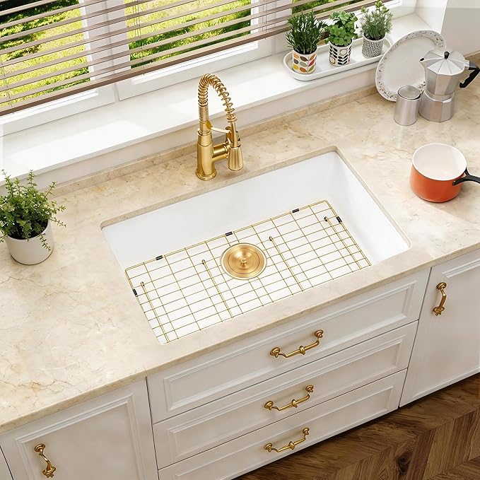 Kitsitchen White Undermount Kitchen Sink, Granite Composite Kitchen Sink with Drain Assembly & Bottom Gird,33 Inch Quartz Stone Kitchen Sink (White, 33"x18")