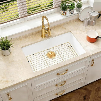 Kitsitchen White Undermount Kitchen Sink, Granite Composite Kitchen Sink with Drain Assembly & Bottom Gird,33 Inch Quartz Stone Kitchen Sink (White, 33"x18")