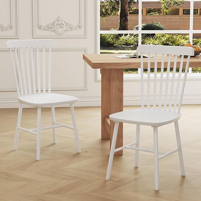 Windsor Dining Chairs Set of 2, Farmhouse Solid Wood Kitchen Chair with Spindle Back, Modern Side Dining Chairs Set for Dining Room, Kitchen, Restaurant, White