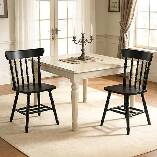 chairus Vintage Black Dining Chairs Set of 2, Farmhouse Windsor Wooden Dining Room Chairs with Turned Spindle Back & Legs, Traditional Colonial Armless Side Kitchen Chairs