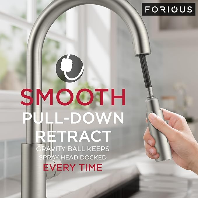 FORIOUS Kitchen Faucet with Pull Down Sprayer, Modern Single Hole Kitchen Sink Faucet with Soap Dispenser, Deck Plate, Brushed Nickel Single Handle, High Arc Stainless Steel for RV Farmhouse Laundry