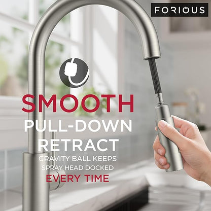 FORIOUS Kitchen Faucet with Pull Down Sprayer, Classic Single Hole Kitchen Sink Faucet with Deck Plate, Brushed Nickel Single Handle, High Arc Stainless Steel for RV Bar Farmhouse Laundry Outdoor