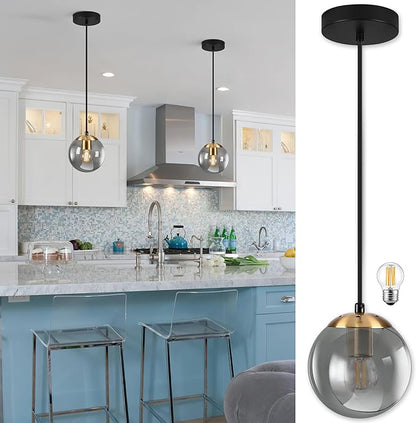 KoKo&Yukina 6 Inch Globe Pendant Light Gold Globe Pendant Lights Kitchen Island Mid Century Light Fixture with Grey Glass Shade for Dining Room