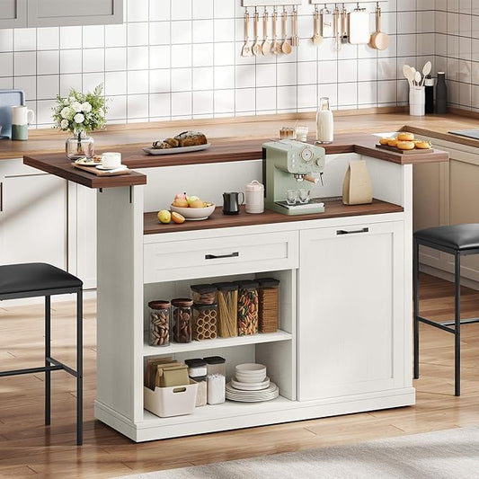 Kitchen Island with Seating, Rolling Kitchen Islands with Storage, 55" W Large Island Table, Breakfast Bar Counter with Drop Leaf, Trash Can Cabinet, Power Outlet for Dining Room, Walnut
