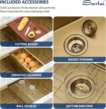 Sarlai 33 Inch Gold Undermount Kitchen Sink Double Bowl 33 x 19 Inch Low Divided Gold Workstation Double Kitchen Sink Stainless Steel 16 Gauge 50/50 Sinks Basin