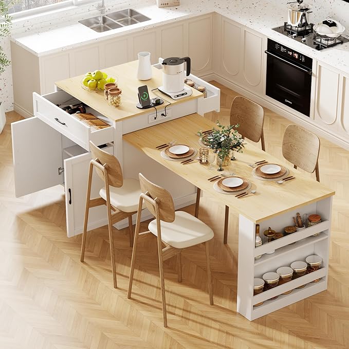 Modern Dining Table 82.7 Inch Kitchen Island with Extendable Table for 4-6 Person, Two-Tone Wood Console with Power Outlet, Counter for Living Room,White-Wood