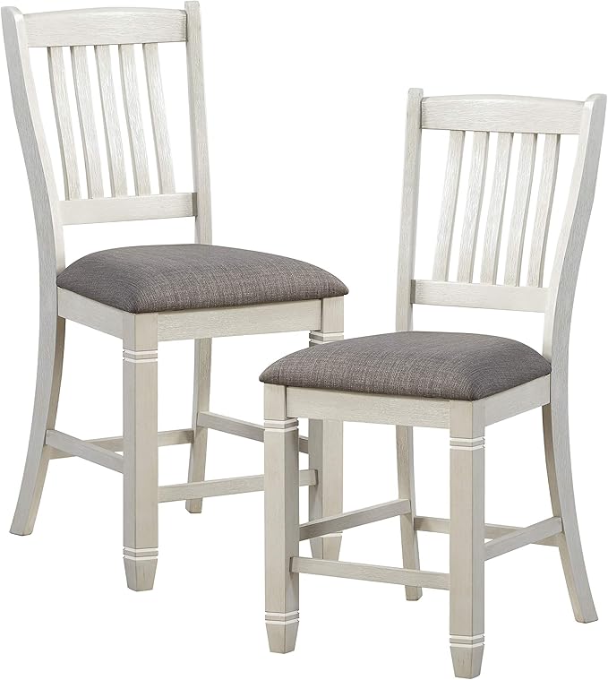 Lexicon Counter Height Stools Set of 2 Saratoga Kitchen Counter Stools Upholstered Foam Padded Seat, Slat Back, Solid Wood Frame, Farmhouse Rustic Chair, Easy Assembly, 24.5" Seat Height,Antique White