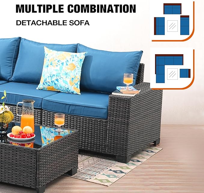 JOYURE 7 Pieces Patio Furniture Set All-Weather Outdoor Wicker Sectional Conversation Sofa Rattan Patio Seating Sofa with Cushion and Glass Table for Porch Poolside,Peacock Blue