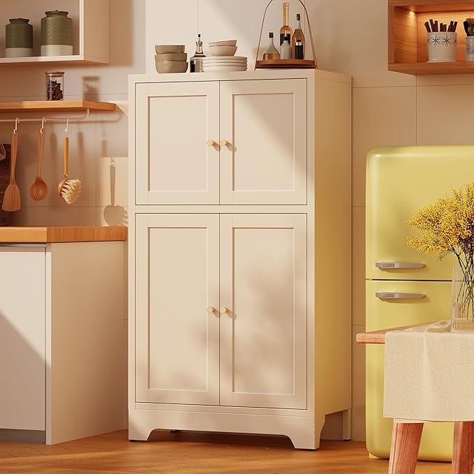 43" H Small Storage Cabinets,Metal White Pantry Cabinets with Doors,Food Pantry Cabinet with 4 Doors and Shelves for Kitchen Dining Room