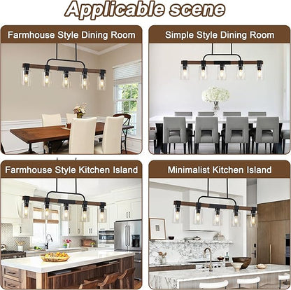 Farmhouse Dining Room Light Fixtures Over Table，Rustic Ceiling Pendant Lights Kitchen Island，5-Light Wood Kitchen Island Lighting Linear Chandelier with Clear Glass lampshade