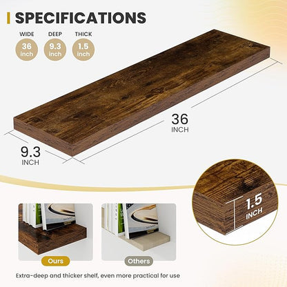 Acovy 36 Inch Floating Shelves, 9.3" Deep Floating Shelf Wall Mounted, 36" Wall Shelves, Rustic Deep Bookshelf, Large Display Shelves & Storage Shelves for Bedroom, Living Room, Brown, Set of 2