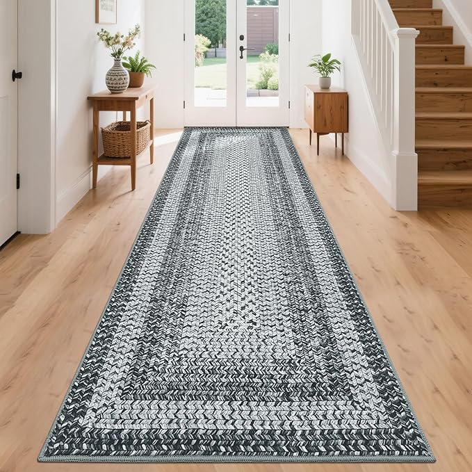 Printed Washable Runner Rug 2x10 Runner Modern Non Slip Kitchen Rug Braided Pattern Low Pile Soft Bath Mat Stain Resistant Carpet for Entryway Bedroom Hallway Laundry 2'x10' Grey/Taupe
