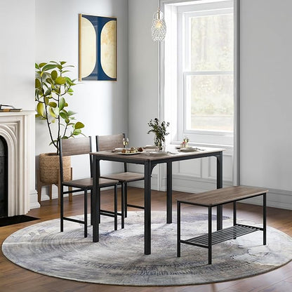 LDAILY Dining Table Set for 4, 4-Piece Wooden Kitchen Table and Chairs with Bench, Storage Rack & Metal Frame, Industrial Dining Room Table Set of 4 for Small Space, Apartment, Kitchen (Gray)