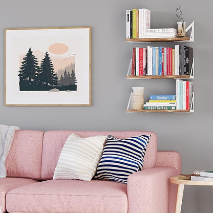 Wallniture Minori Wood Floating Shelves for Wall Storage, Wall Book Shelves for Living Room Decor, Geometric Triangle Shelf Set of 3, Burned Finish