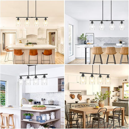 Dining Room Light Fixture Over Table, 4-Light Kitchen Island Lighting Hanging, Farmhouse Linear Chandelier for Dining Room, Matte Black Pendant Light Fixtures with Clear Glass Shade for Kitchen Island