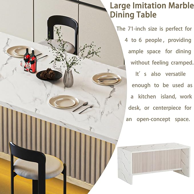 Faux Marble Dining Table, 70.9" Large Island Table with LED Lights for 4-6 People, Modern Marble Kitchen Dining Table with Grille Design for Dining Room, Living Room, White