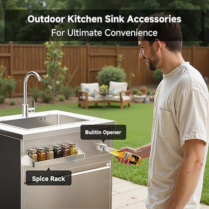 BODEGA Stainless Steel Commercial Restaurant Sinks Cabinet and Outdoor Kitchen Cabinet for Refrigerator Combo, Freestanding Utility Sink with Brake-Wheels & Spice-Rack, for Home, Kitchen, RV.