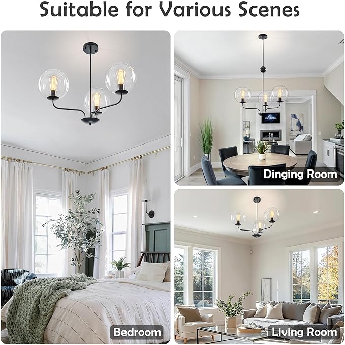 Classic 3-Light Black Chandelier with Upward U-Shaped Arms, Modern Vintage Pendant Lighting with Clear Glass Globes, Ceiling Light Fixture for Dining Room, Living Room, Hallway