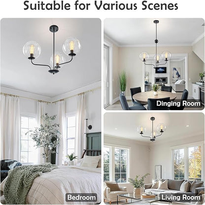Classic 3-Light Black Chandelier with Upward U-Shaped Arms, Modern Vintage Pendant Lighting with Clear Glass Globes, Ceiling Light Fixture for Dining Room, Living Room, Hallway