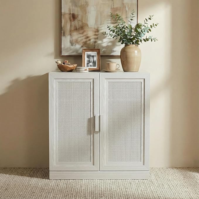 Casaphoria Adam Sideboard Buffet Cabinet with Storage, Sideboard Cabinet with Rattan Doors & Adjustable Shelves, 31" W x 36" H Coffee Bar for Entryway Kitchen Living Room, White