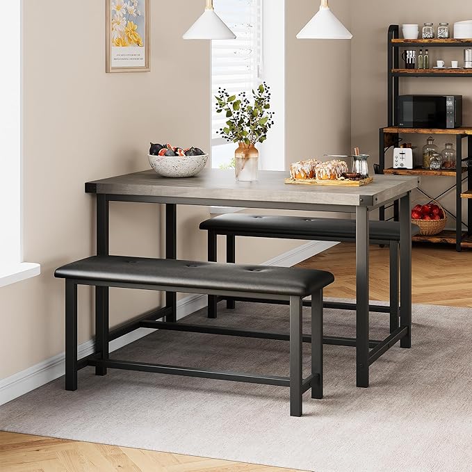 Amyove Dining Table Set for 4, 3 Piece Kitchen Table Set, Dining Table Set with 2 Upholstered Benches, Rectangular Kitchen Table Set for Apartment, Small Space, Retro Gray