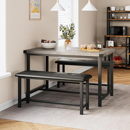 Amyove Dining Table Set for 4, 3 Piece Kitchen Table Set, Dining Table Set with 2 Upholstered Benches, Rectangular Kitchen Table Set for Apartment, Small Space, Retro Gray