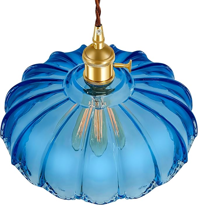 Pendant Light Fixture, Hanging Light Fixture, Glass Shade Pendant Light with Rotary Switch, Modern Lamp for Kitchen Island, Bedroom, Dining Room, Living Room (Blue Lotus, Hard-Wired)