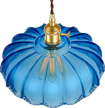 Plug-in Pendant Light Fixture, Hanging Light Fixture, Glass Pendant Light, Swag Lamp with Inline On/Off Switch for Kitchen Island, Bedroom, Dining Room, Living Room (Blue Lotus, Plug-in)