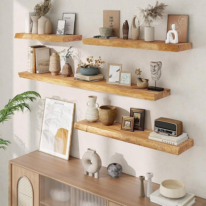 Acovy Extra Deep 72" Long Live Edge Rustic Floating Shelves for Wall, Solid Wood Wall Shelves with Invisible Bracket Mount for Living Room Bathroom Bedroom Kitchen, Set of 1, Natural
