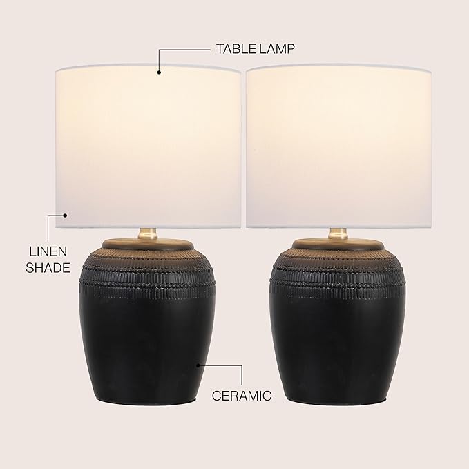 JONATHAN Y 16.75" Black/Nickel Ceramic Table Lamp Set of 2, Rustic Traditional Reeded Vase Lamps with White Linen Shade for Bedroom Living Room Decor JYL5707A-SET2