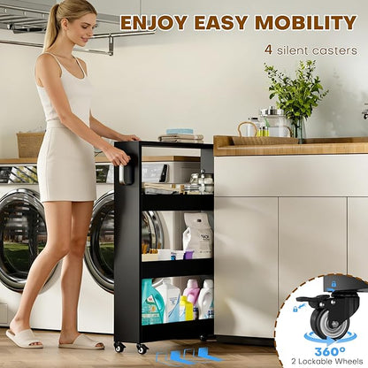 Slim Storage Cart, Lightweight 4 Tier Metal Rolling Utility Kitchen Cart on Wheels, Mobile Storage Shelving Unit Organizer for Bathroom Laundry Office Narrow Places (4 Tier-Black, 6" D)