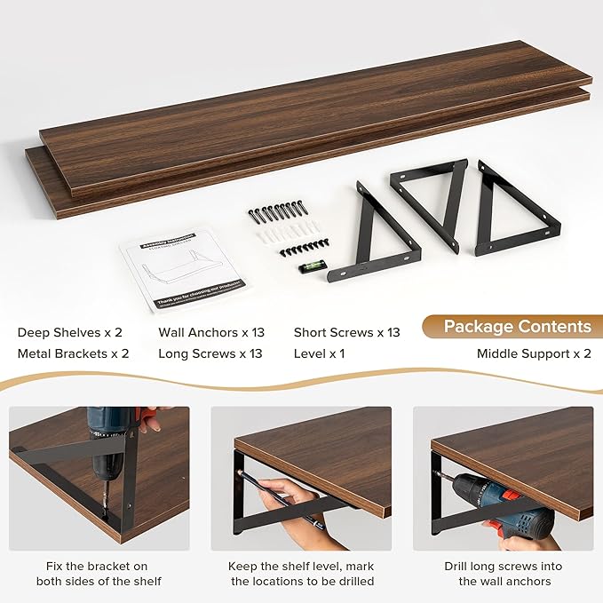 Acovy Deep Floating Shelves Wall Mounted, 55"x12" Walnut Wall Shelves with Brackets Set of 2 for Bedroom, Living Room, Bathroom, Kitchen, Office - Storage & Display Shelf for Decor, Books, Plants